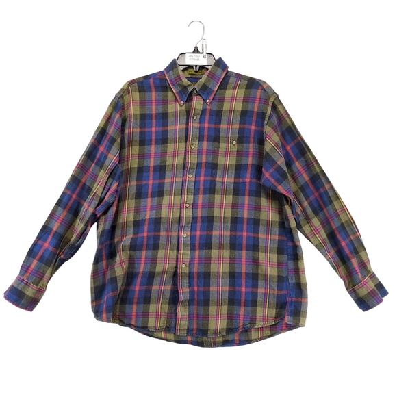 Vtg Boston Traders Plaid Flannel Button Down Shirt Men's L Long Slv Navy Olive - Picture 1 of 10